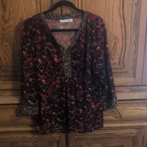Black and Red Ruched Floral Blouse